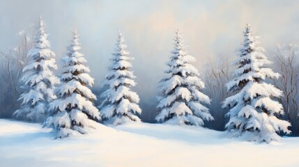 A serene winter landscape featuring snow-covered pine trees under a soft, muted sky, evoking a peaceful and tranquil atmosphere.
