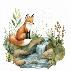 water color illustration of composition of fox near to river for children's books on white background