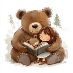 water color illustration of composition of teddy bear and girl for children's books on white background