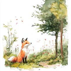 water color illustration of composition of fox in the forest for children's books on white background