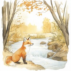 water color illustration of composition of fox near to river for children's books on white background
