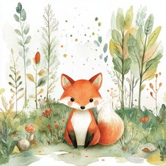 water color illustration of composition of fox in the forest for children's books on white background
