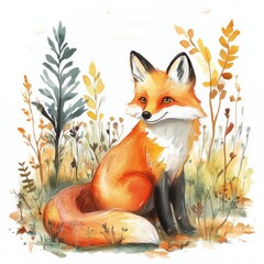 water color illustration of composition of fox in the forest for children's books on white background