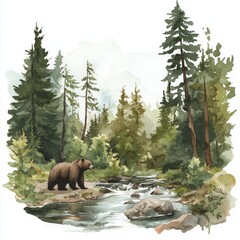 water color illustration of composition of teddy bear near to river for children's books on white background
