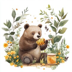 water color illustration of composition of teddy bear and honey for children's books on white background