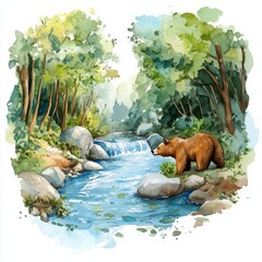 water color illustration of composition of teddy bear near to river for children's books on white background