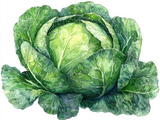 Obraz premium Explore the beauty of a detailed watercolor illustration of a tightly packed green cabbage