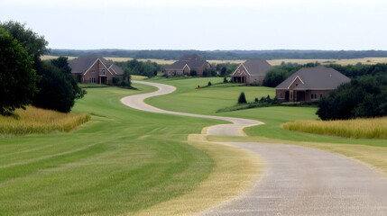 Winding Country Road Luxury Homes Green Fields Rural Landscape