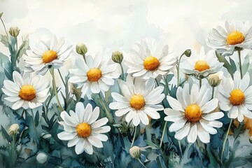 Fototapeta premium Explore the beauty of detailed watercolor chamomile flowers with white petals in nature's palette