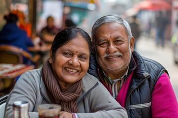 Obraz premium Portrait of a jovial indian couple in their 60s wearing a trendy bomber jacket isolated on bustling city cafe