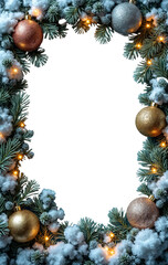 Festive Christmas frame with pine branches, golden ornaments, snowflakes, and warm lights. Perfect for holiday-themed designs or greeting cards, on a transparent background.

