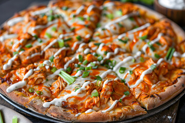 Mouthwatering Buffalo Chicken Pizza with Crispy Crust and Creamy Ranch Dressing