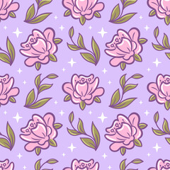 An adorable purple kawaii floral design adorned with vibrant green leaves and stars. Ideal for use as wallpaper, fabric, packaging or background, adding a delightful touch to any project.