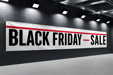 Black Friday sale with fly silk flag in brick wall background