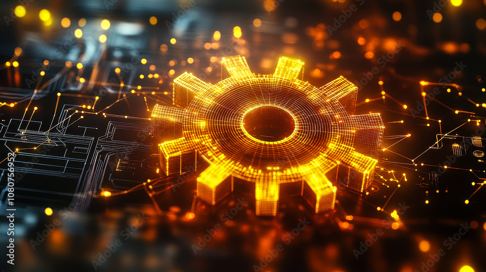 Poster digital gear icon with data streams and ai system for workflow automation