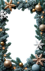 Festive Christmas frame with pine branches, golden ornaments, snowflakes, and warm lights. Perfect for holiday-themed designs or greeting cards, on a transparent background.

