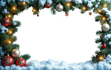Festive Christmas frame with pine branches, golden ornaments, snowflakes, and warm lights. Perfect for holiday-themed designs or greeting cards, on a transparent background.

