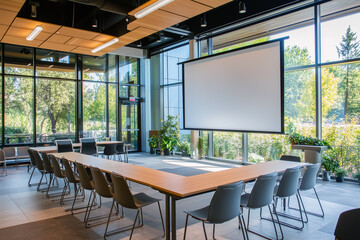 Fototapeta premium Modern conference room with large windows and projection screen