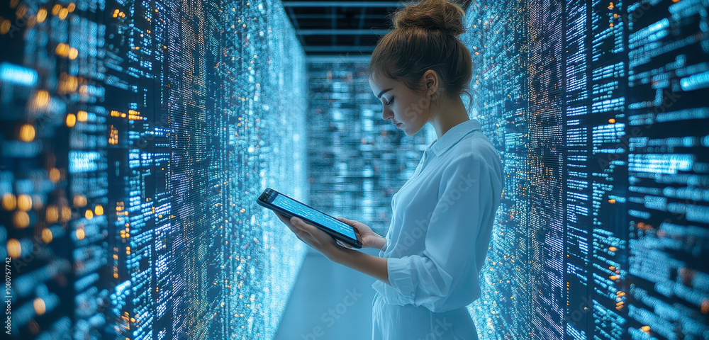 Poster ai technology in data engineering with digital tablet for database management