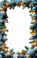 Festive Christmas frame with pine branches, golden ornaments, snowflakes, and warm lights. Perfect for holiday-themed designs or greeting cards, on a transparent background.

