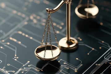A golden scale of justice rests on a digital circuit, blending the realms of technology and law in a modern metaphor.