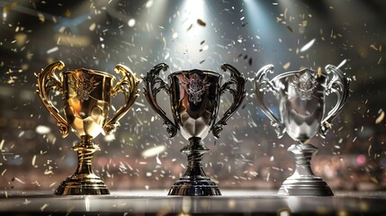 Champions Cup - a prestigious and celebratory visual. The gold, silver, and bronze cups symbolize achievement and excellence in competition.