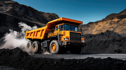 Large orange dump truck driving through coal mine with dust clouds and mountainous terrain in the background under clear blue sky