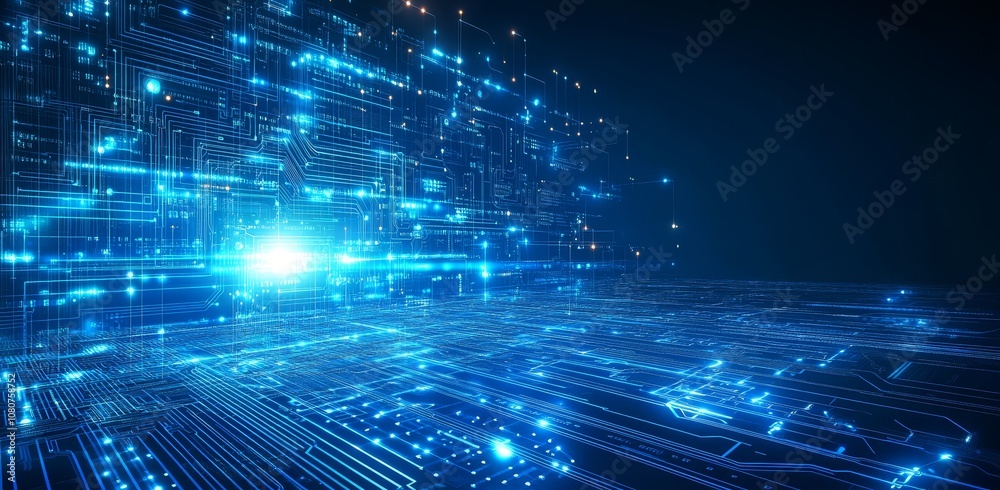 Poster an illustration of a futuristic digital space with a hi-tech grid line and circuit network for digit