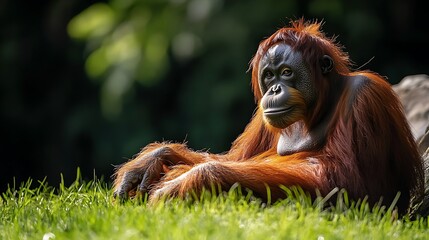 Naklejka premium A Relaxed Orangutan Resting in the Grass
