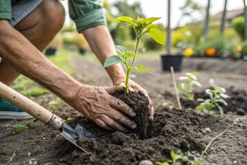 person planting a tomato seedling