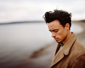 A young man in a brown coat stands by the sea, looking pensive against a cloudy sky.