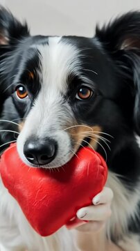 Adorable Border Collie with Heart-Shaped Red Toy in Mouth, Close-Up, Valentine's Day Themed, Playful Pet Portrait