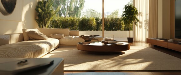 Fototapeta premium Modern Living Room with Sectional Sofa, Coffee Table, and Natural Light