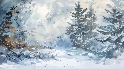 A snowy landscape with trees and a house in the background. The trees are covered in snow and the sky is cloudy