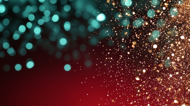 abstract christmas red background with sparkling green bokeh lights