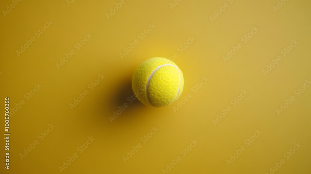 Poster Tennis ball casting a subtle shadow on a monochromatic yellow backdrop, creating a simple yet striking composition with ample copy space