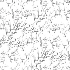 Seamless pattern of handwritten text on a white background showcasing letter, writing words. Black and white vector wallpaper or wrapping paper design