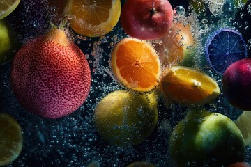 A Close-Up of Various Fruits Submerged in Water with Bubbles