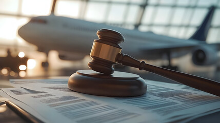 A gavel rests on legal documents with an airplane in the background, symbolizing aviation law and justice in the airline industry.