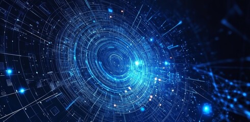 An illustration depicts a futuristic hi-tech stage for showcasing digital artworks and digital advertising that includes a neon blue pedestal circle platform, a laser ring, and speakers