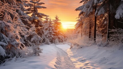 Fototapeta premium Golden Sunrise Illuminates a Snowy Birch Forest