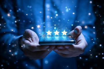 close up on customer man hand pressing on smartphone screen with gold five star rating feedback icon and press level excellent rank for giving best score point to review the service , business concept