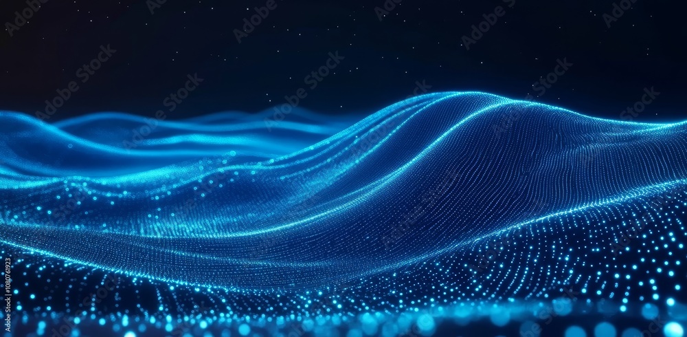 Poster incorporates waves and wireframe structures in an illustration of the latest technologies in digital