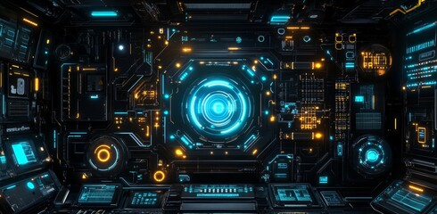 Fototapeta premium A grid line and circuit board show the technology and innovation concepts of the future in this design. It portrays an advertising layout and a game development artwork.