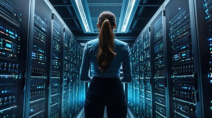 Woman in a Server Room Analyzing Data and Technologies, Surrounded by Rows of Digital Storage Machines and High-Tech Equipment Under Bright Blue Lights