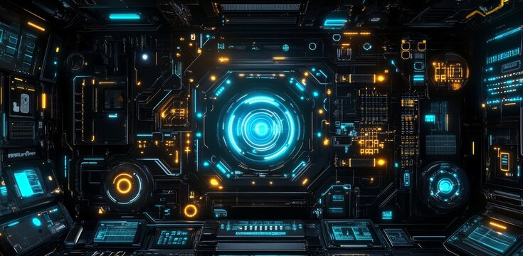 A grid line and circuit board show the technology and innovation concepts of the future in this design. It portrays an advertising layout and a game development artwork.