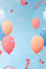 Vibrant image of red, blue, and white balloons floating against a blue sky with confetti and streamers, creating a festive celebration atmosphere.