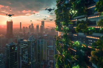 Obraz premium Futuristische Stadt mit nachhaltiger Architektur und moderner Technologie