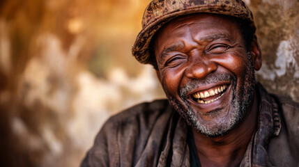 Joyful elder with a warm smile enjoying a moment of happiness in a rustic outdoor setting