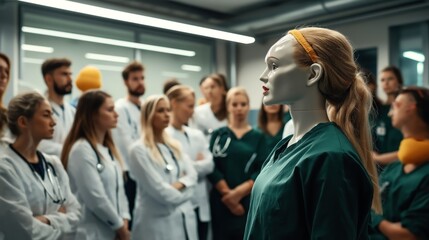 Medical training session with mannequin as focal point, surrounded by medical students in lab coats in a classroom setting, emphasizing education and practice in healthcare.